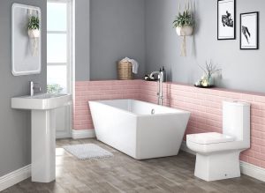 Baño gris y rosa